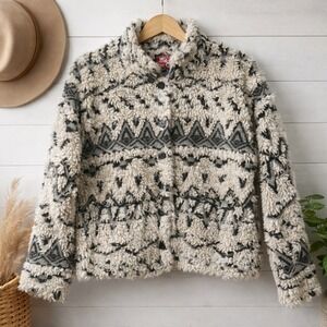 True‎ Grit Sherpa Jacket Women Medium Boho Aztec Shaggy Fleece Cozy Western
